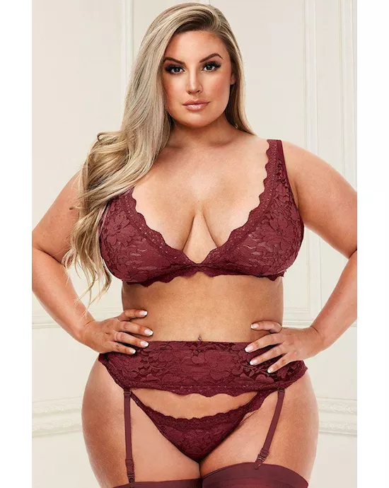 3 Piece Lacey Bra Garter Skirt And G-string Set