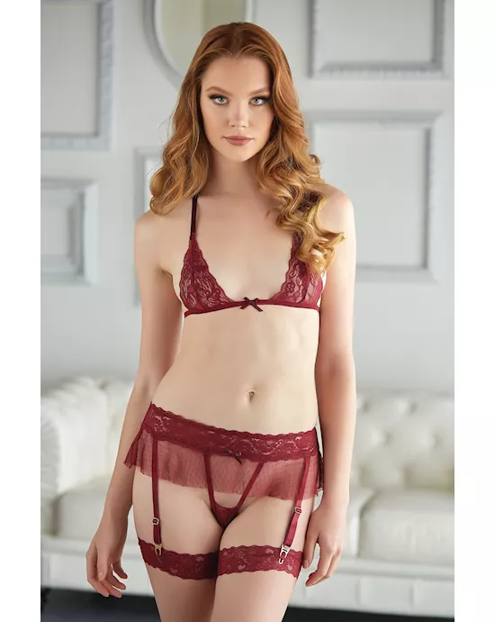 Lace and Mesh Bra and Garter G-String 2 Piece Set