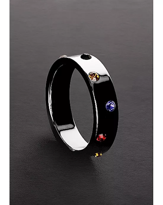 WIDE BAND STAINLESS STEEL RAINBOW GEM RING 50MM - SILVER