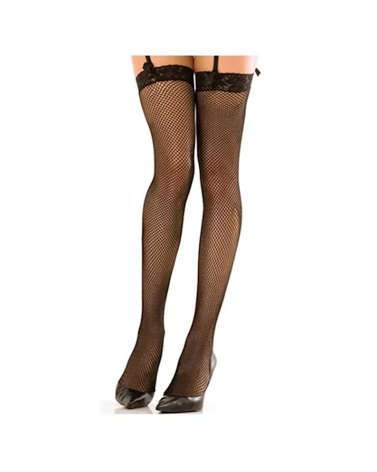Lace Top Fishnet Thigh High Stockings Black O/S 