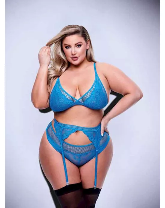 Baci 3pc Lace & Mesh Bra, Garter & Panty Set-BLU-Q BX
