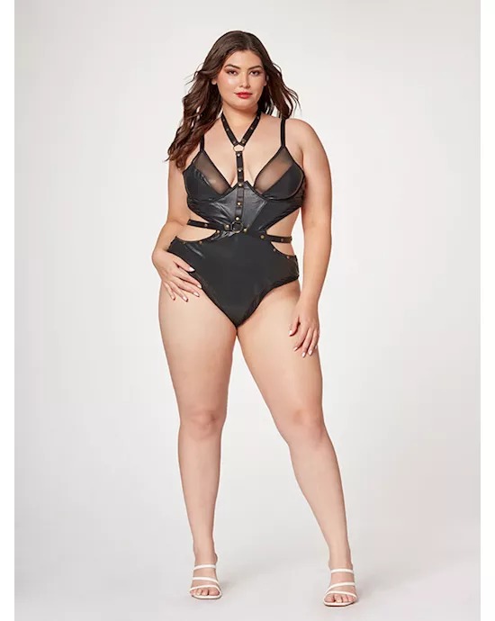 Midnight Love Vegan Leather Two Piece Teddy Set STM-11524X-Black-1X/2X