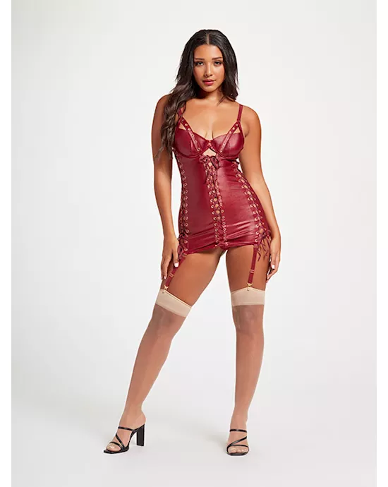 Midnight Love Vegan Leather Two Piece Chemise and Panty Set STM-11492-Wine-L