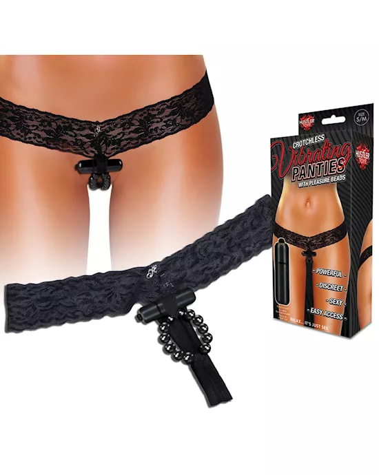 Hustler Vibrating Panties w/Hidden Vibe Pocket, Bullet & Stimulation Beads Black M/L