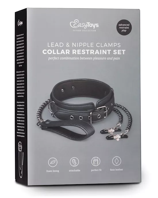 Easy Toys Faux Leather Collar w/Nipple Chains - Black