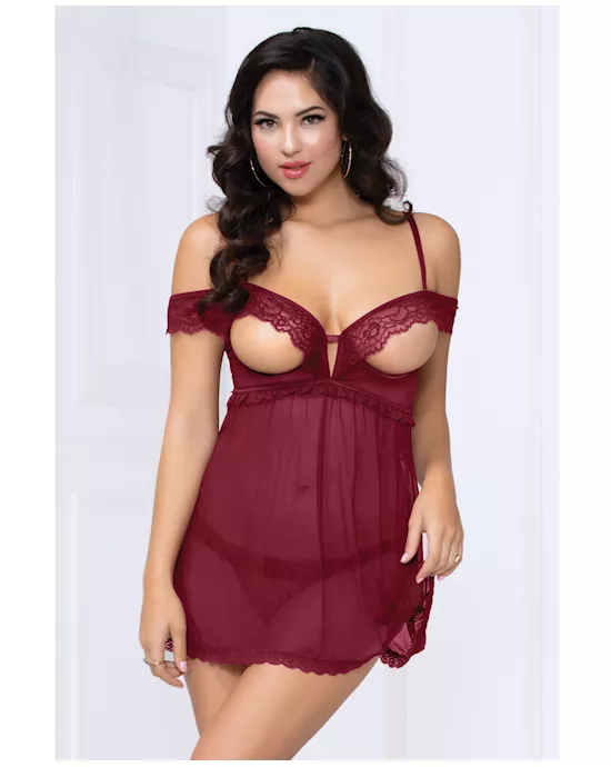 Lace & Mesh Open Cups Babydoll w/Fly Away Back & Panty Wine MD