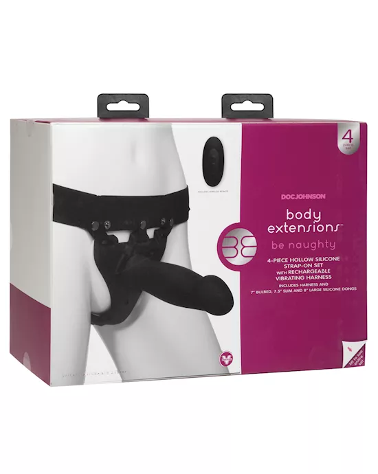 Body Extensions Be Naughty Vibrating 4 Piece Strap On Set - Black