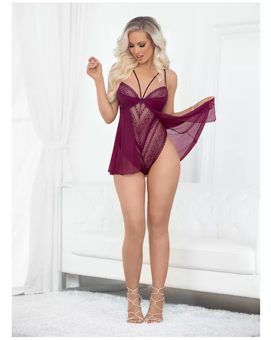 European Lace Teddy Babydoll Wine SM