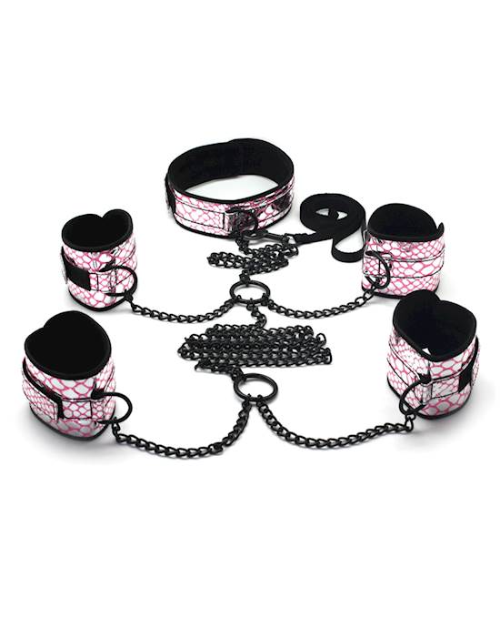 Spartacus Faux Leather Collar to Wrist amp Ankle Restraints Bondage Kit wLeash  Pink