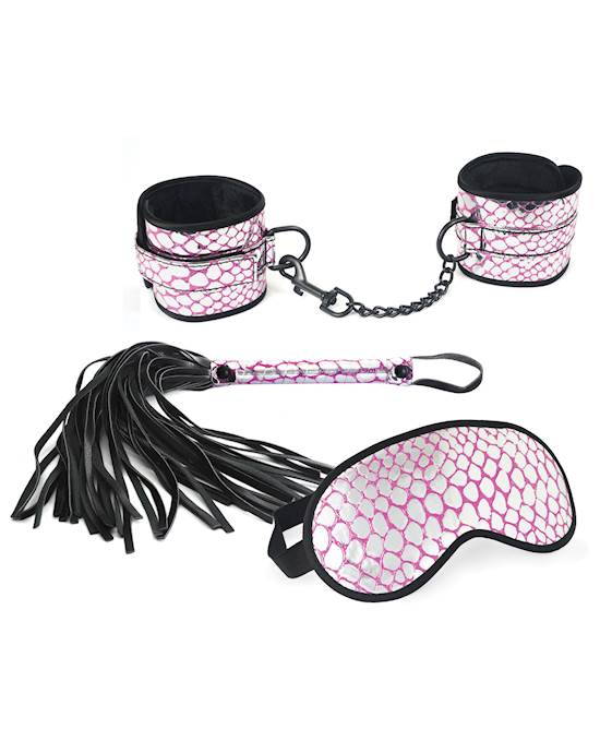 Spartacus Faux Leather Wrist Restraints Blindfold amp Flogger Bondage Kit  Pink