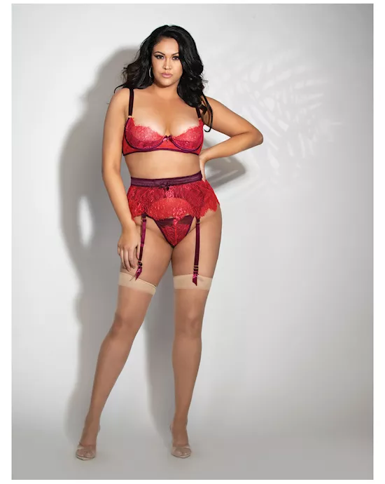 Eyelash Lace Underwire Bra, Garter Skirt & G-String Red 3X/4X