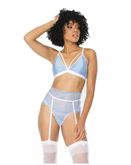 Scallop Stretch Lace Bra, Garter Belt & G-String Light Blue/White S/M