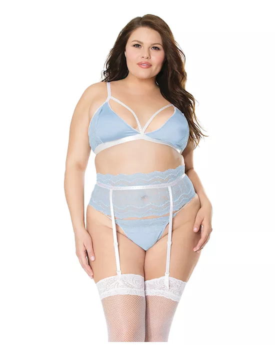 Scallop Stretch Lace Bra, Garter Belt & G-String Light Blue/White 2X