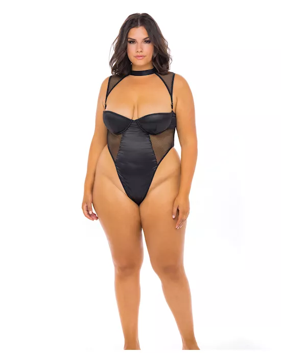 Josephine High Leg Teddy w/Removable Fishnet Collared Harness Black 3X