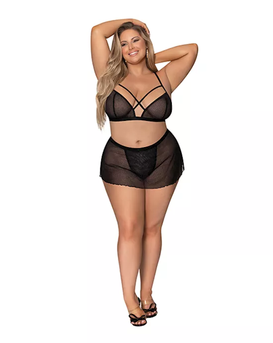 Girl Next Door Strappy Bralette w/Flirty Thong Skirt Black 2X