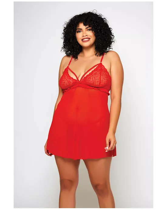 Galloon Lace & Fine Mesh Babydoll & G-String Red 1X