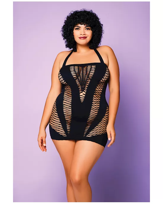 Heart Of Chaos Seamless Chemise W/halter Strap & Vertical V Cut Outs Black Qn