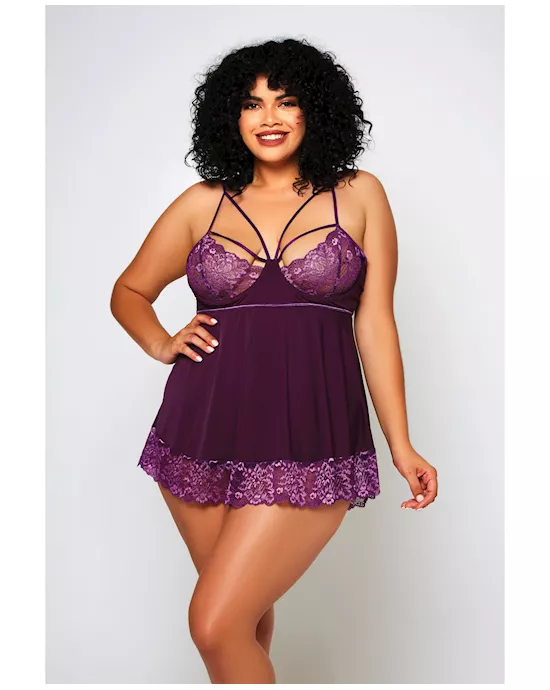 Cross Dye Lace & Microfiber Babydoll & G-String Purple 1X