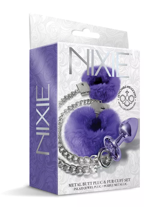 Nixie Metal Butt Plug w/Inlaid Jewel & Fur Cuff Set - Purple Metallic