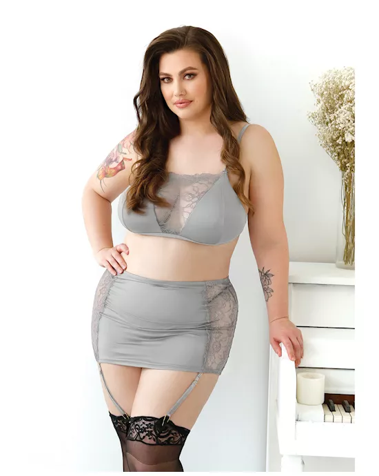 Curve Layne Lace & Microfiber Bralette W/garter Skirt & G-string Gray 1x/2x