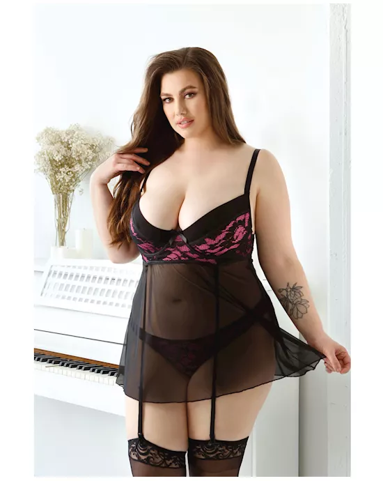 Curve Madison Soft Cup Babydoll w/Garters & Panty Black/Pink 3X/4X