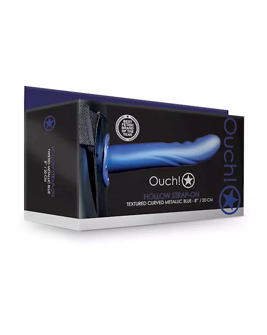 Shots Ouch 8" Textured Curved Hollow Strap On - Metallic Blue