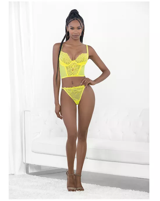 Neon Lace Corset Top w/Ring Accent & Panty Neon Lime MD