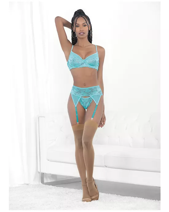 Lace & Mesh Underwire Bra, Garterbelt & G-String Malibu Blue MD