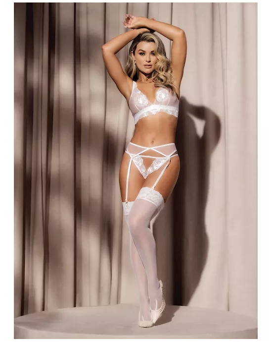 Floral Lace & Mesh Top, Garter Belt & Peek A Boo Panty White SM