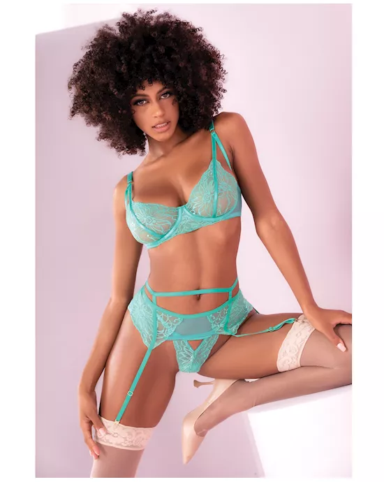 Floral Lace Bra, Garter Belt & Panty Aqua S/M