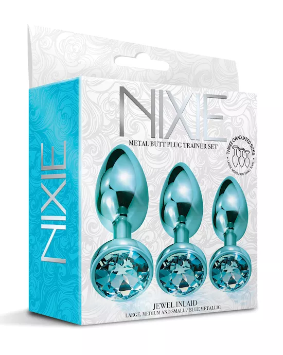 Nixie Metal Butt Plug Trainer Set W/inlaid Jewel - Blue Metallic