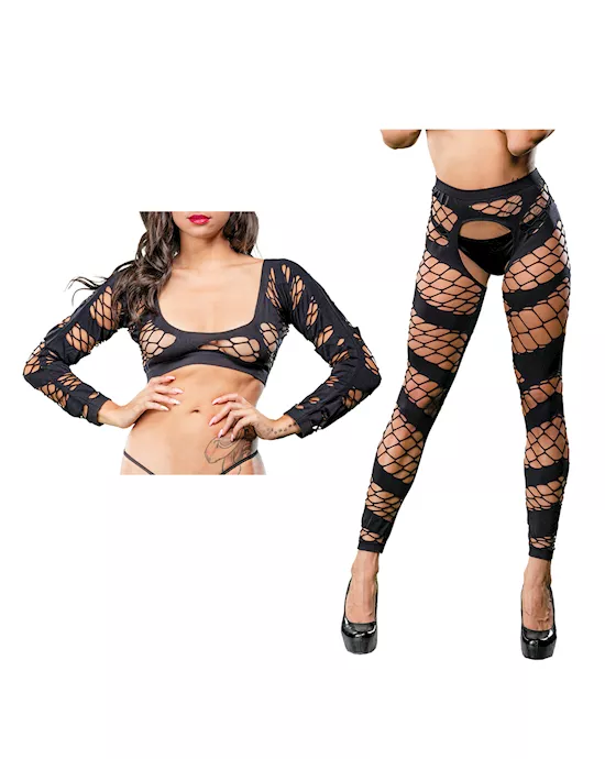Beverly Hills Naughty Girl Crotchless Mesh & Fishnet Leggings Black O/S