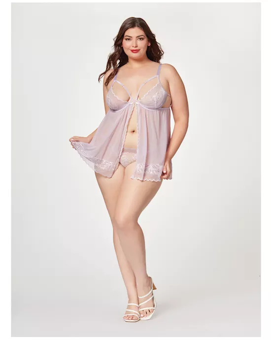 Sheer Mesh & Lace Demi Cup Babydoll & Thong Lavender 1X/2X