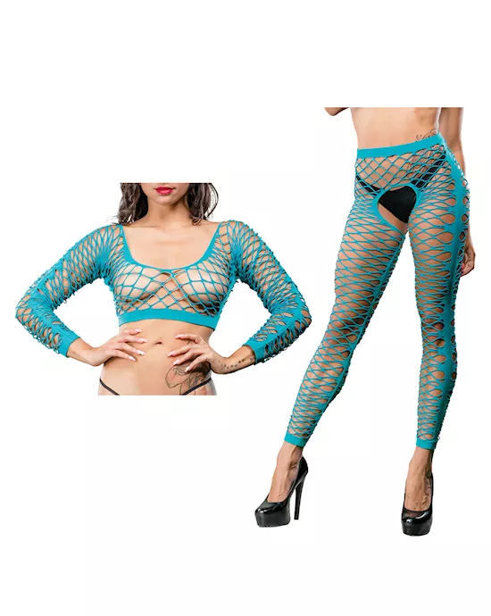 Beverly Hills Naughty Girl Crotchless Front Mesh & Side Design Leggings Turquoise O/S