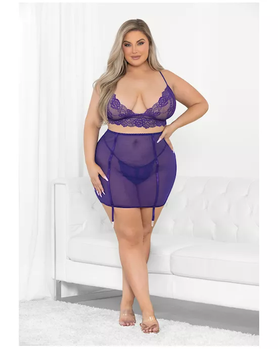 Lace & Mesh Long Line Bra, Garter Skirt & G-String Midnight Purple 1X