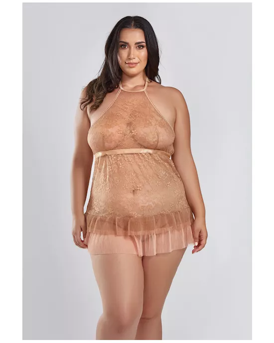 Amber Halter Lace Babydoll w/Tiered Pleated Mesh Skirt Hem & G-String Brown 3X