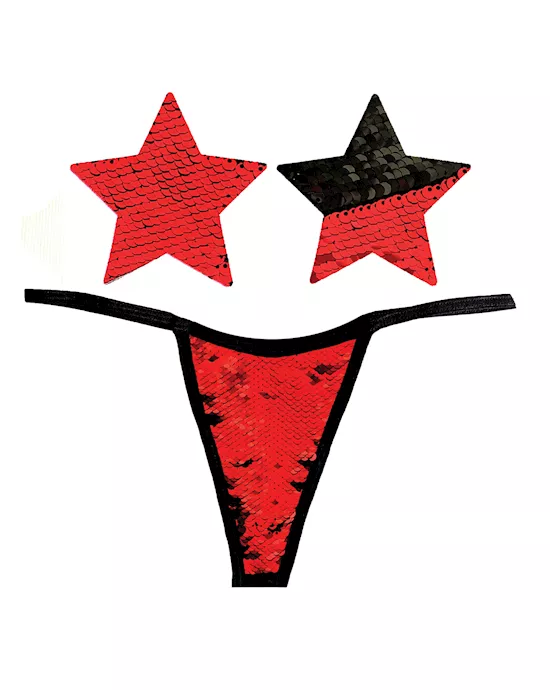 Neva Nude Naughty Knix Sookie Flip Sequin G-String & Pasties - Red/Black O/S