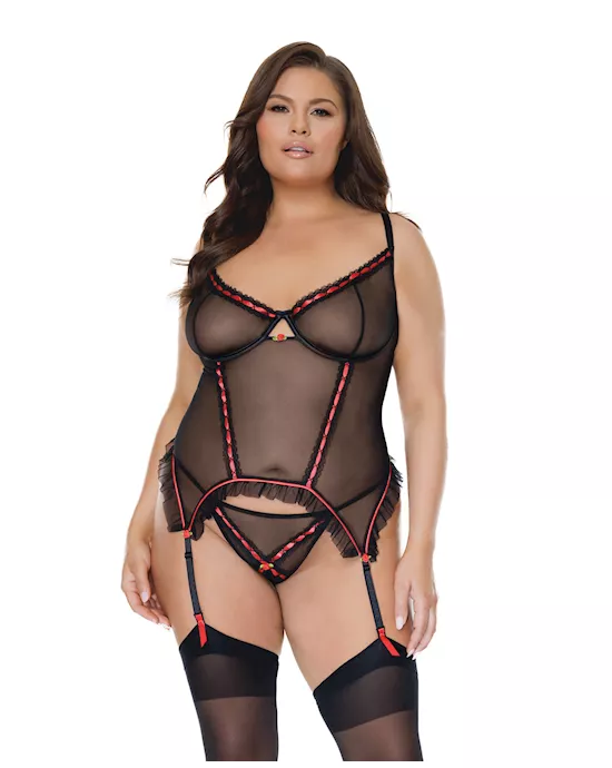 Mesh Underwire Garterbelt Bustier w/G-String Black 3X/4X