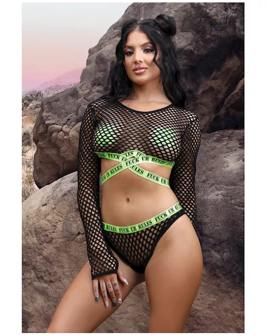 Vibes Fuck Ur Rules Long Sleeve Crop Top, Panty & Pasties Black/Green S/M