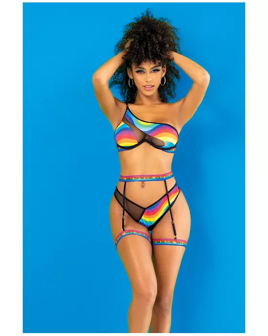 Pride One Shoulder Top, Garter Belt & Panty Black Prints S/M