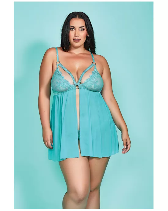 Riley Eyelash Lace Soft Cup Babydoll & Panty Teal 1X