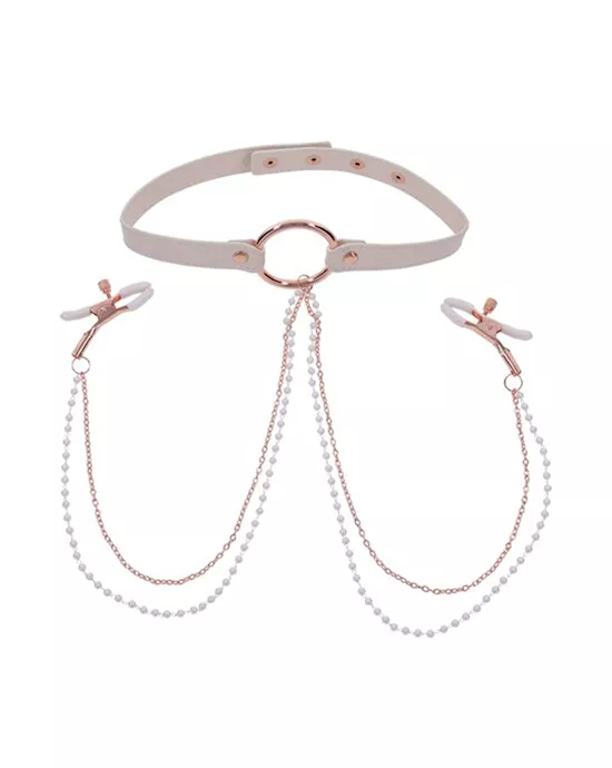 Sex And Mischief Peaches N Creame Collar With Nipple Clamps
