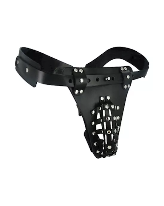 The Safety Net Leather Male Chastity Belt with Anal Plug Harness
